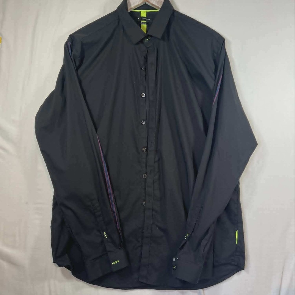 Van Heusen Slim Fit Mens Black Button Down Shirt Neon Accents Long Sleeve XL